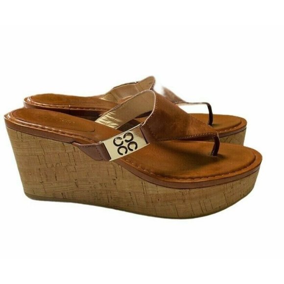 Coach Jan Cork Leather Cork Wedge Sandals Cognac - Picture 4 of 11